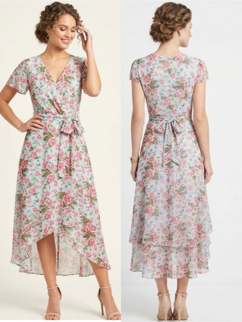 NWOT Betsy Johnson Floral Rose Print Chiffon Faux-Wrap Dress Size 14 Romantic